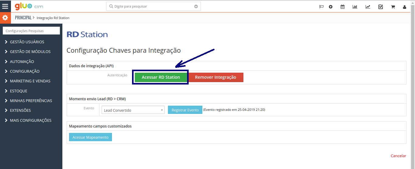 Acesso Integração Gluo CRM e RD Station