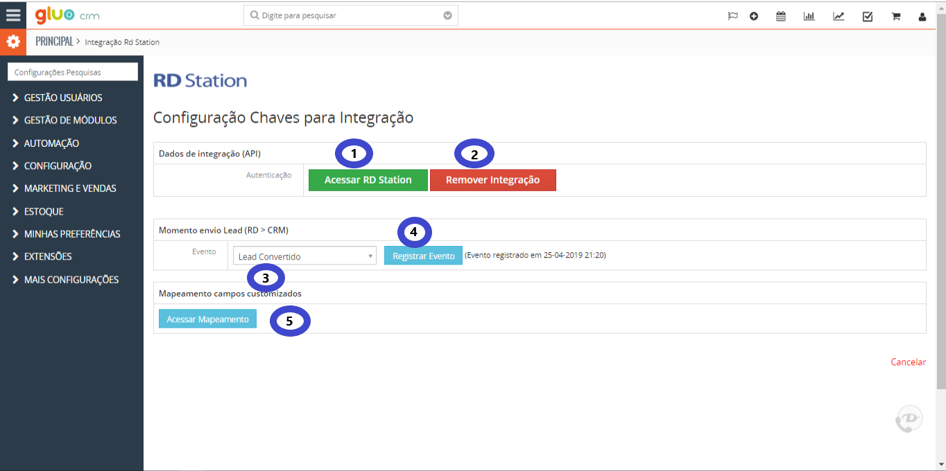 Chaves Integração Gluo CRM com RD Station