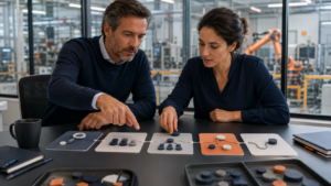 Gerente e vendedor analisam juntos as etapas de uma oportunidade de venda B2B.