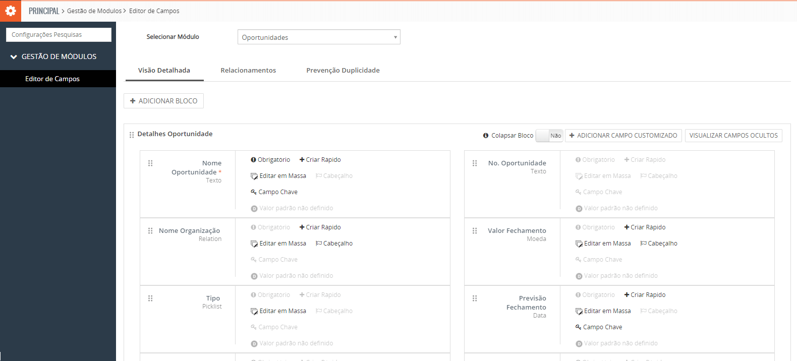 Gluo CRM - Gestão de módulos com edição campos
