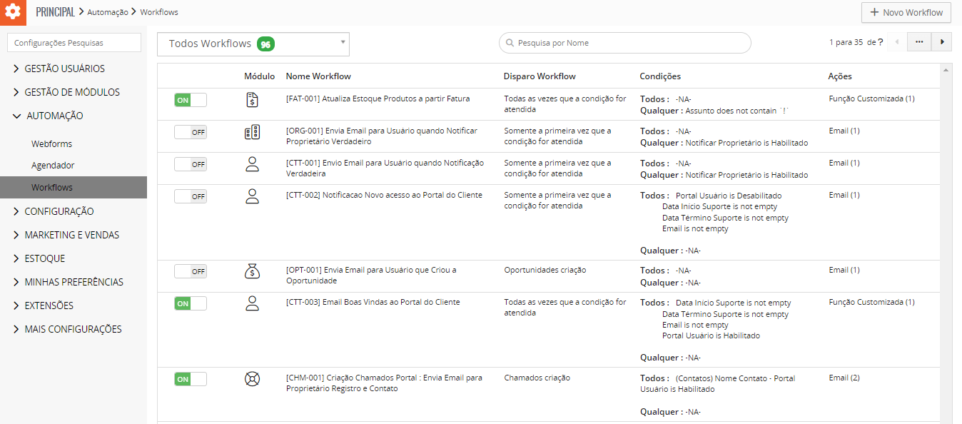 automatizações do gluo crm, workflow do gluo crm