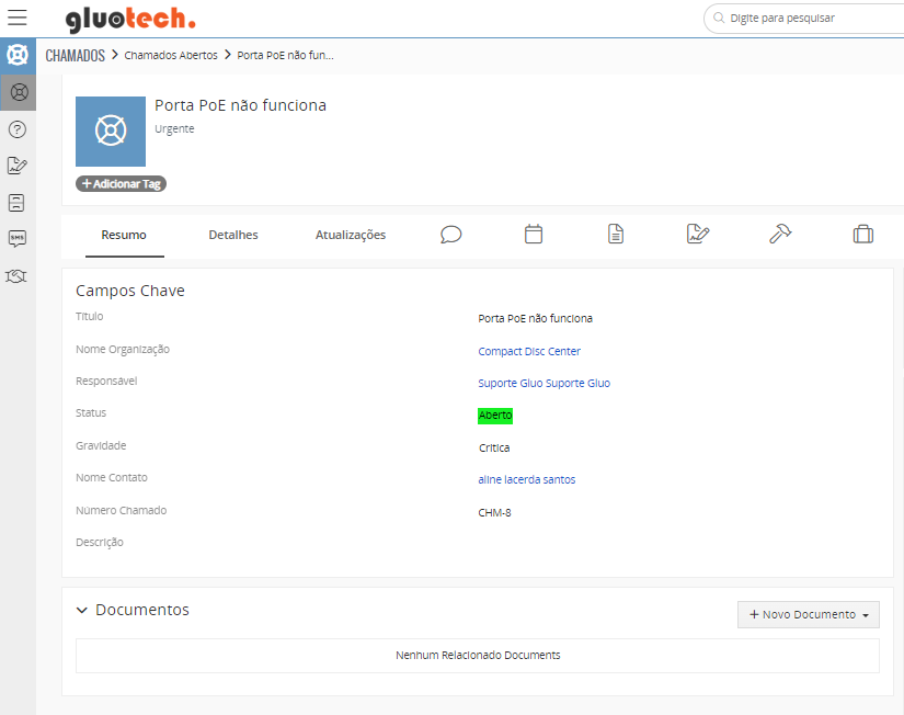 tela para mostrar a tela do resumo de um chamado ou ticket fictício aberto no GluoCRM