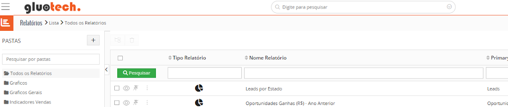 área de criação de gráficos e relatórios do gluo crm