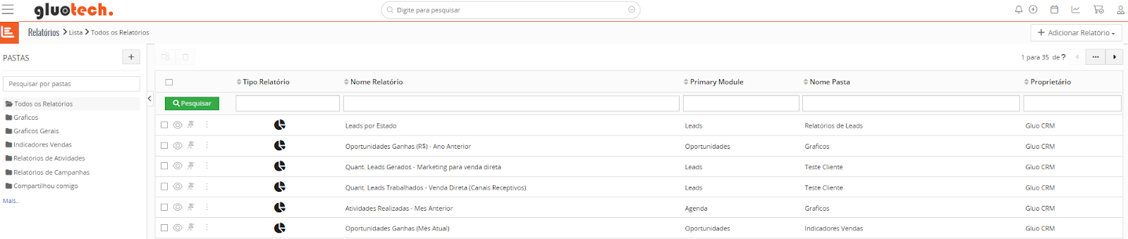 área de criação de relatórios e gráficos personalizados do gluo crm