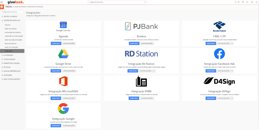 área do gluo crm rferente às integrações 