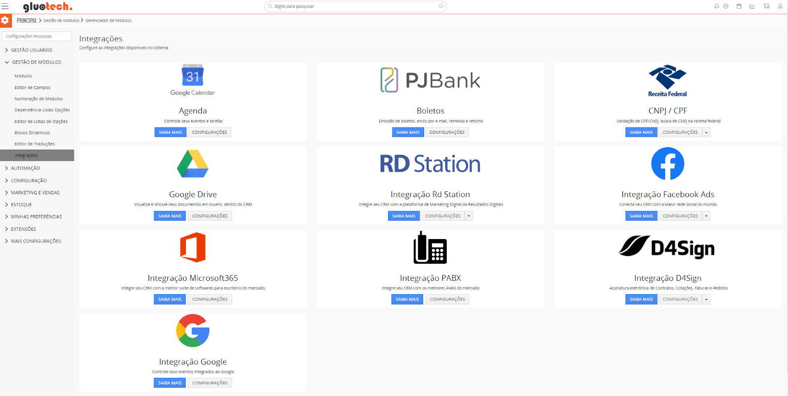 Área de integrações do Gluo CRMÁrea de integrações do Gluo CRM