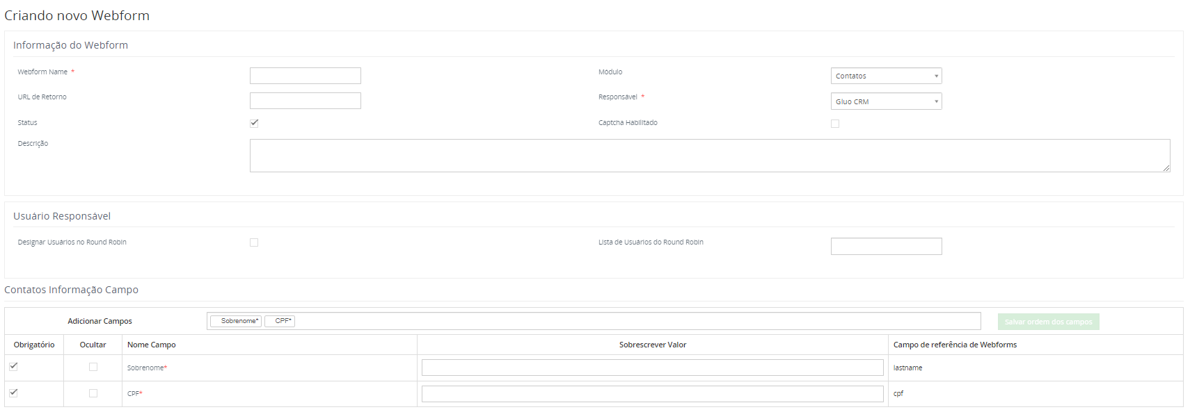 tela de criação de webforms do GluoCRM