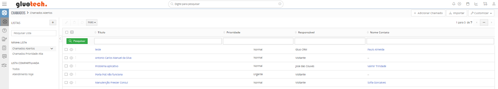 Área de gestão de chamados do Gluo CRM
