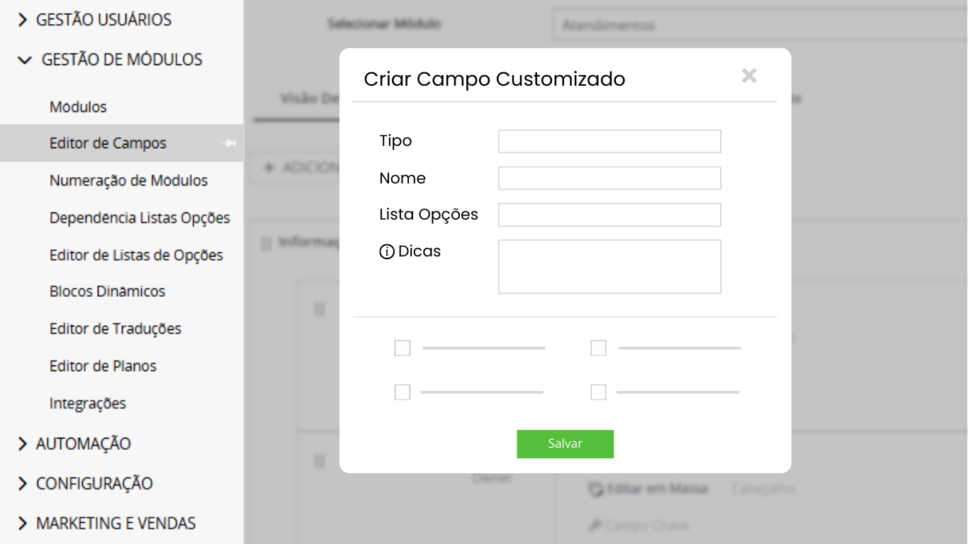 criação de campo personalizado no gluo