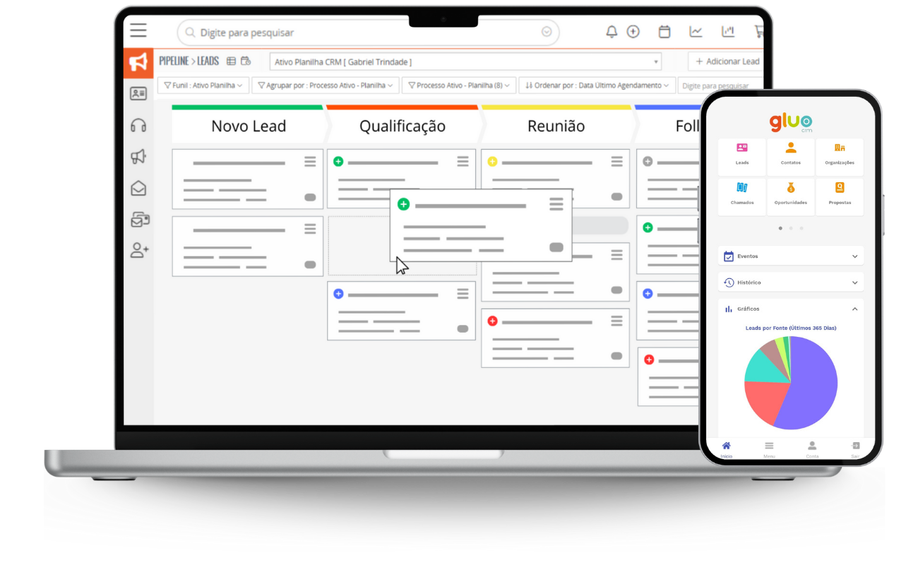 notebook e celular com Gluo CRM - fundo transparente