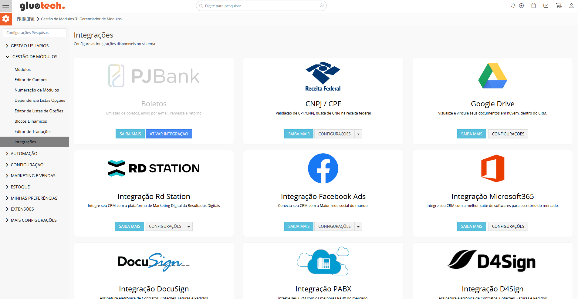 tela de integrações do gluo crm