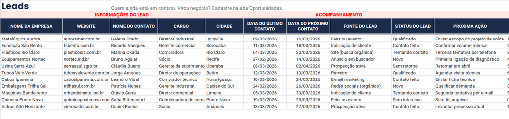 exemplo com dados fictícios de como é preenchida a página de leads da planilha de crm