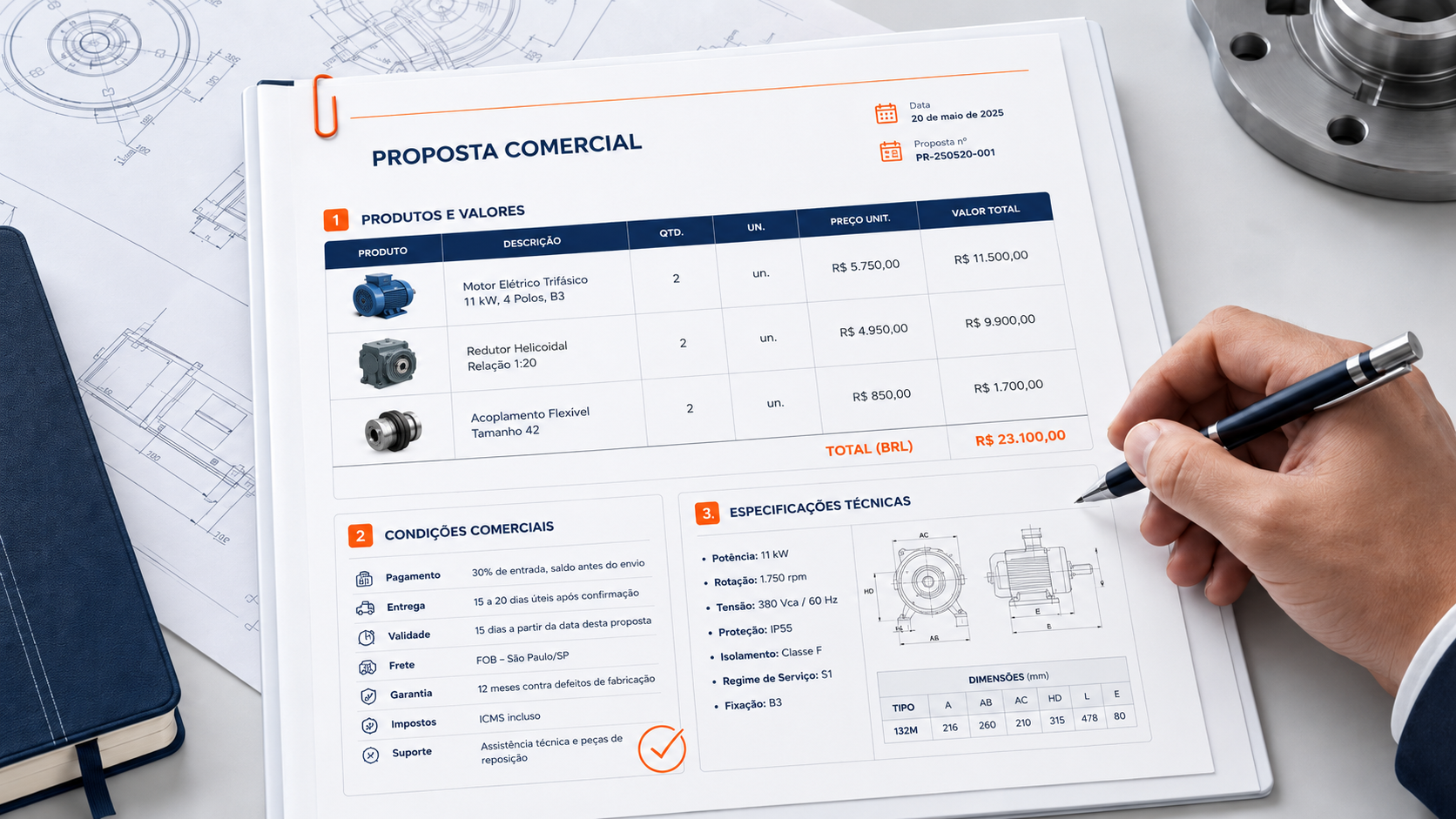 Profissional revisando uma proposta comercial industrial com produtos, condições e informações técnicas