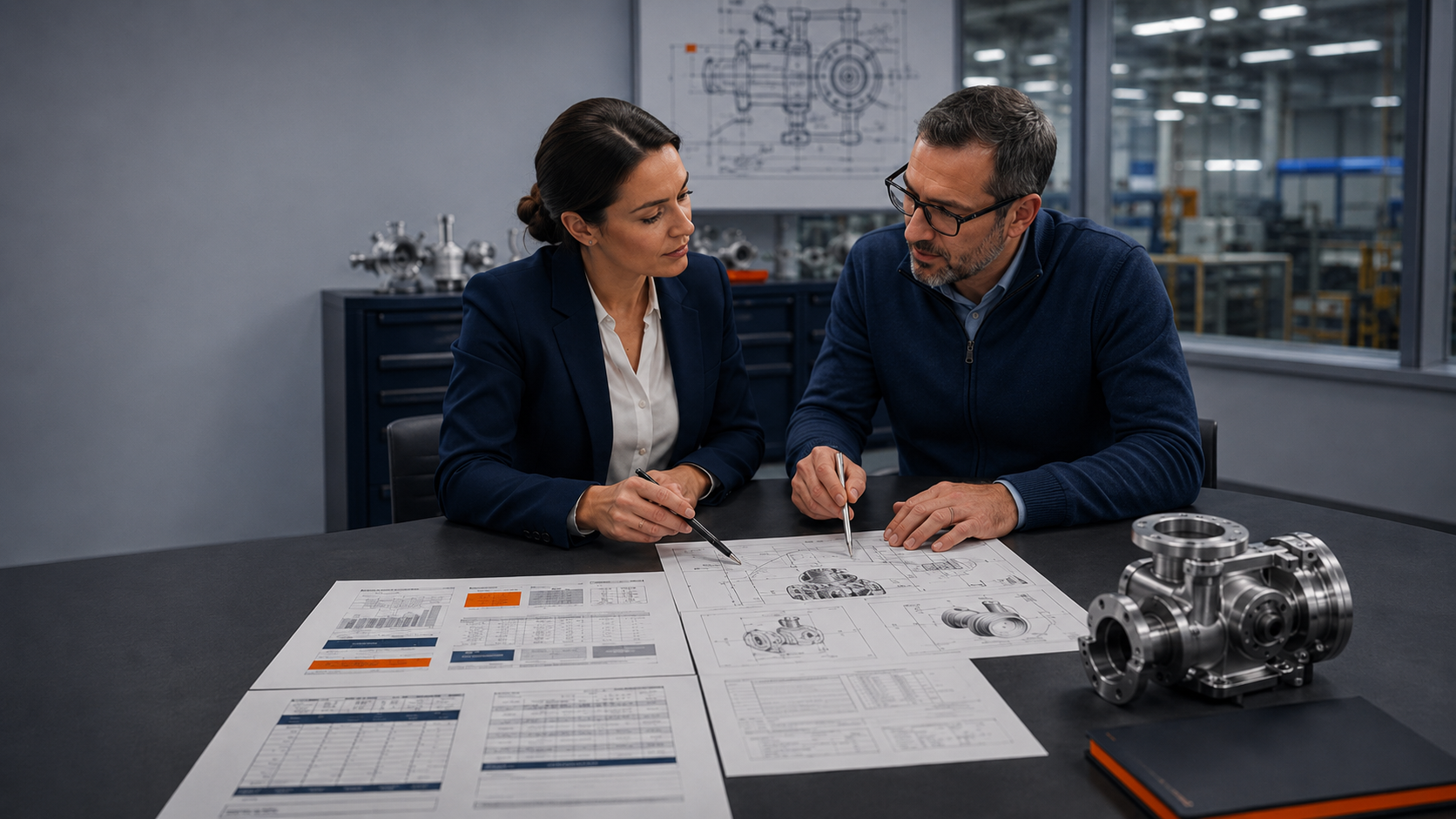 Profissionais das áreas comercial e técnica comparando documentos de uma proposta industrial