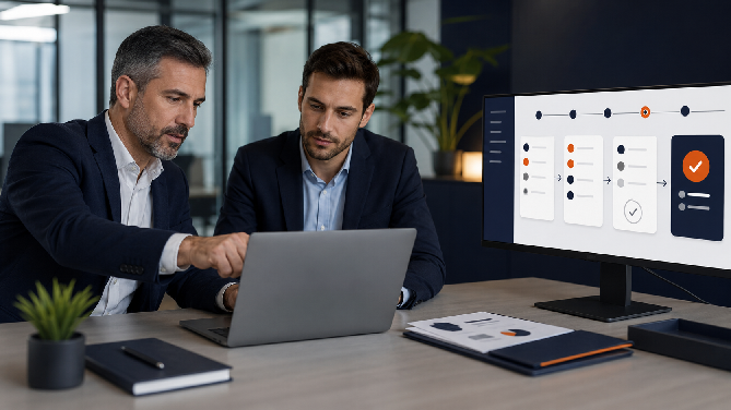 Gerente e vendedor revisando uma proposta comercial digital em um notebook.