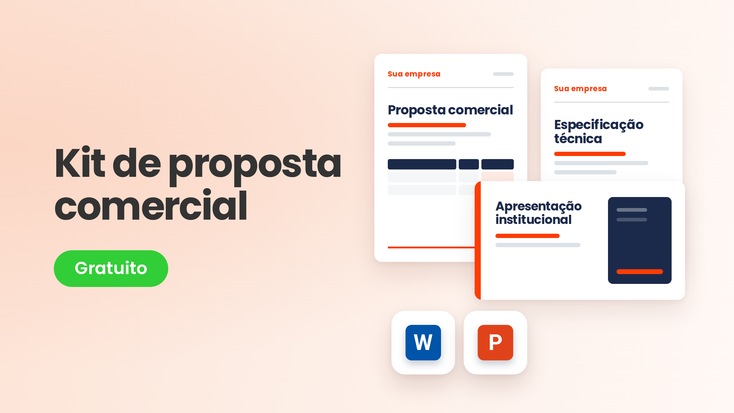 Mockup do kit gratuito com 18 modelos editáveis de proposta comercial em Word e PowerPoint.